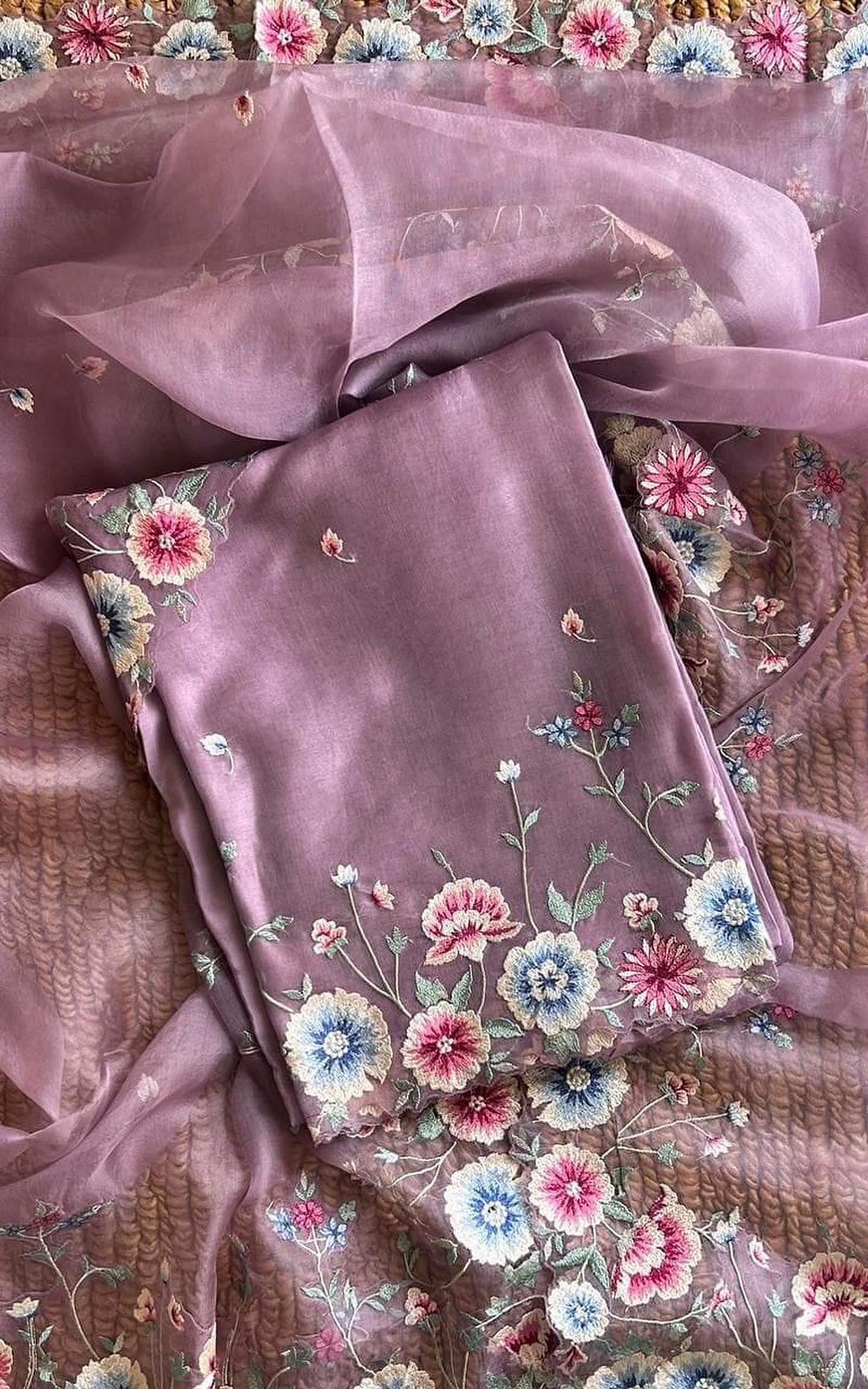 Atharva Heritage Sheer Luxury Pure Silk Organza Parsi Gara Embroidered Front Back And Sleeves SPGFB621