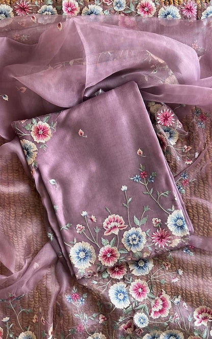 Atharva Heritage Sheer Luxury Pure Silk Organza Parsi Gara Embroidered Front Back And Sleeves SPGFB621