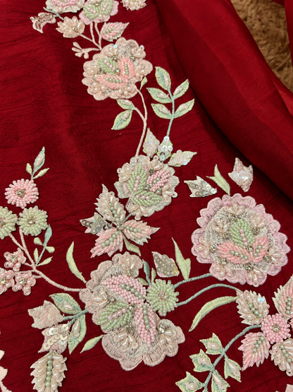 Atharva Heritage Deep Red Pure Raw Silk 100g Hand-Embroidered Jacket Style Farshi Salwar Set FSBRS51