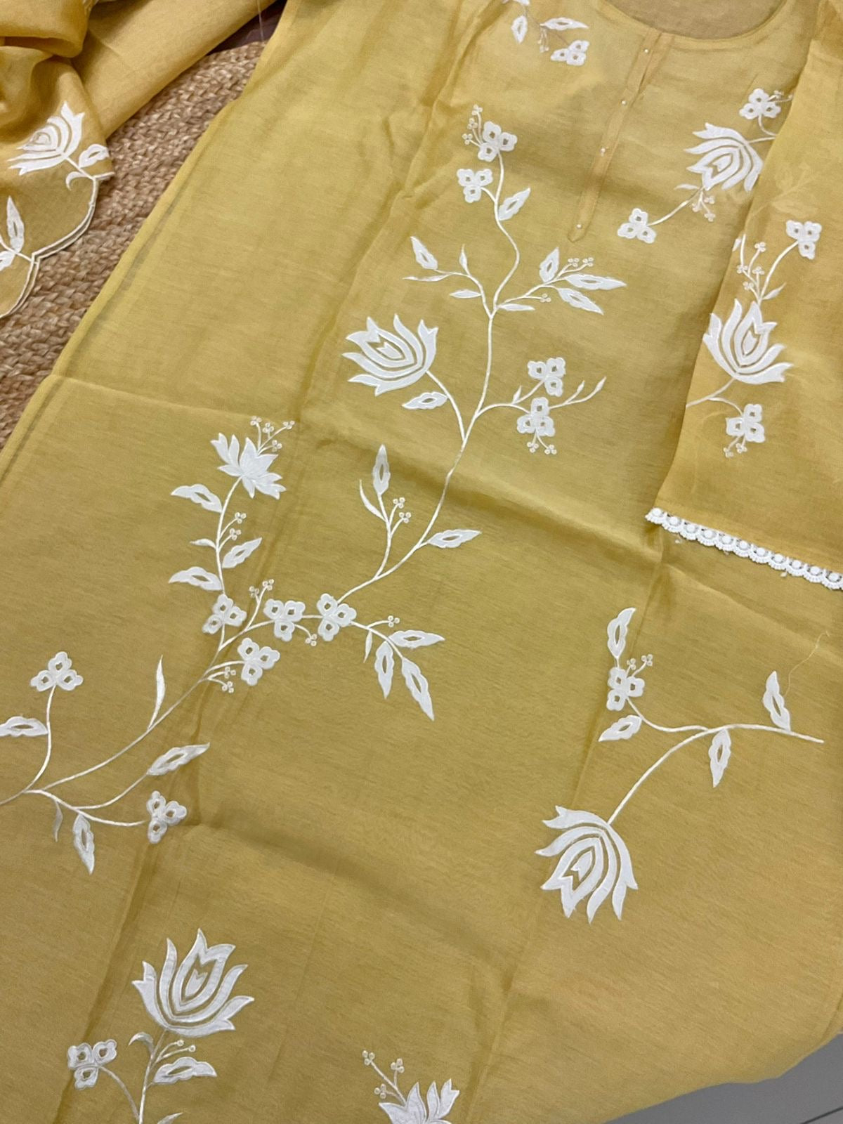 Atharva Heritage/Pure Mul Chanderi Shirt & Dupatta/ Hand Applique /Cotton Silk  Bottom/CUT80373 Yellow