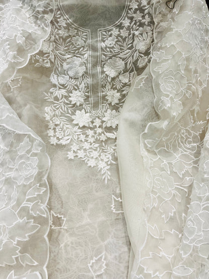 SHEER LUXURY PURE SILK ORGANZA PARSI APPLIQUE SUIT SHEER0030(H) Pearl White