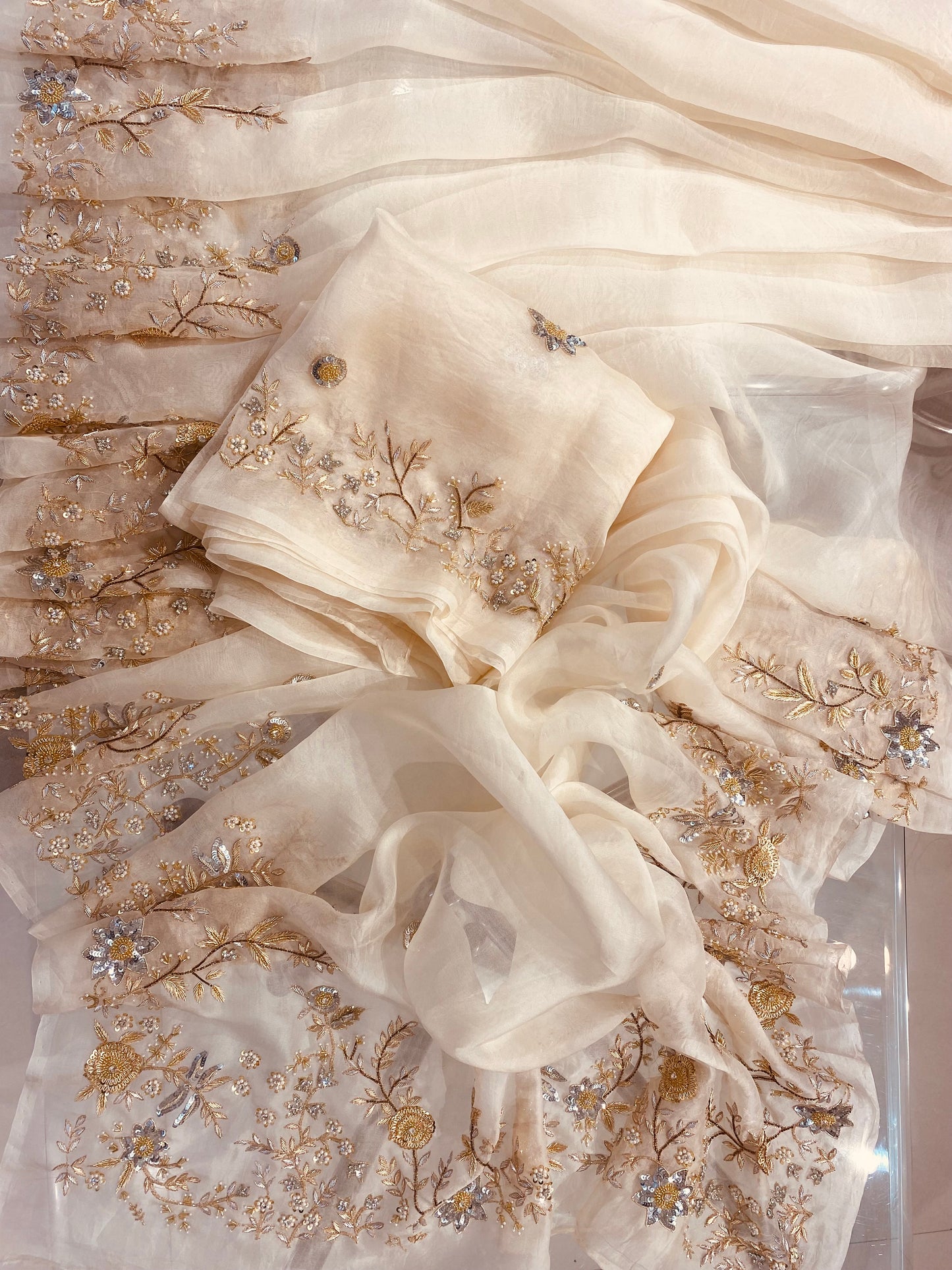 Atharva Heritage Ivory Pure Silk Organza Saree – Trousseau Collection | 400+ Hours Hand-Embroidered Luxury RLS178