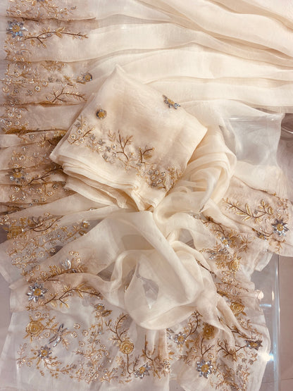 Atharva Heritage Ivory Pure Silk Organza Saree – Trousseau Collection | 400+ Hours Hand-Embroidered Luxury RLS178