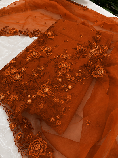 Atharva Heritage Sheer Luxury Pure Silk Organza Parsi Embroidered Monochrome Trousseau Collection unstitched Suit AH1867