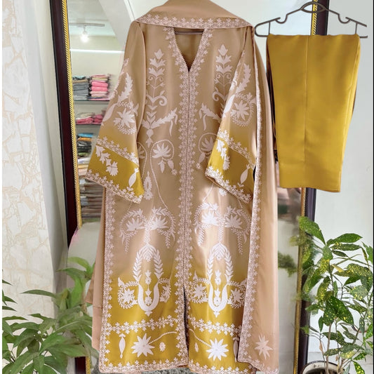 "Enchanting Elegance: Pure Silk 80 grams Pakistani Suits Adorned with Exquisite Parsi Embroidery MS005 Ombre Beige and Yellow