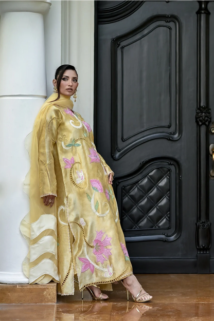 Atharva Heritage Pure Satin Silk Hand Appliqué pakisani Long Kurta Set – Eid Collection 181331843