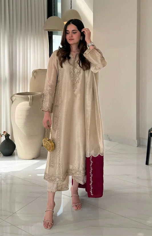 Pure Handwoven 80g Tissue Silk Pakistani Suit – Water Gold Elegance (Custom Stitched & Unstitched)