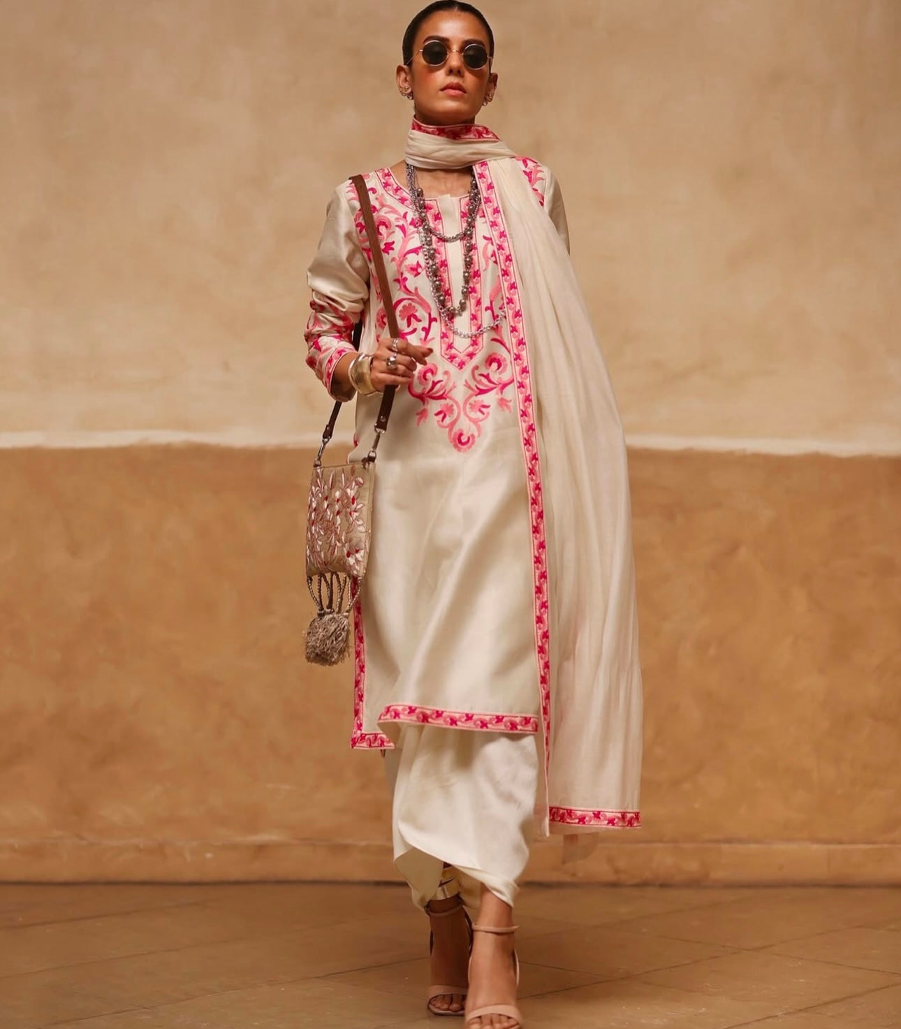 Atharva Heritage Pure Raw Silk Kashmiri Embroidery Ensemble with Organza Dupatta & Crepe Silk Dhoti PRK0071