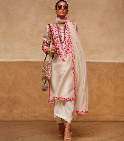 Atharva Heritage Pure Raw Silk Kashmiri Embroidery Ensemble with Organza Dupatta & Crepe Silk Dhoti PRK0071