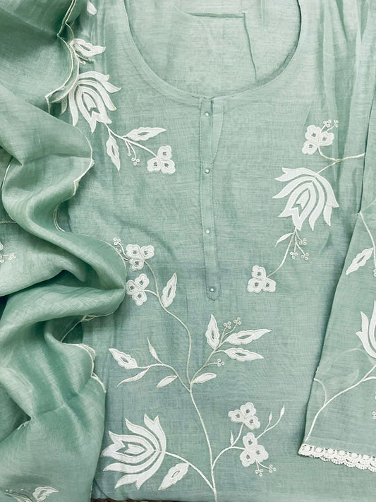 Atharva Heritage/Pure Mul Chanderi Shirt & Dupatta/ Hand Applique /Cotton Silk  Bottom/CUT80373 mint Green