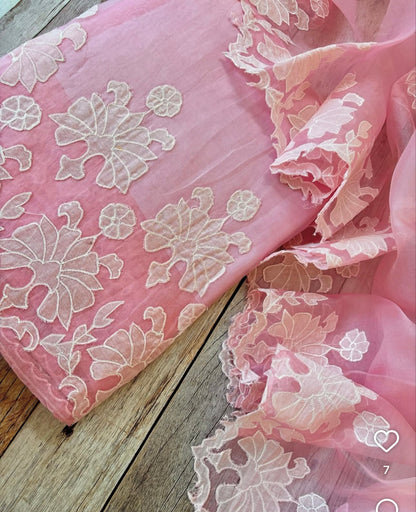 ATHARVA HERITAGE SHEER LUXURY PURE CHANDERI SILK 70 GRAMS HAND APPLIQUE KURTA WITH PURE SILK ORGANZA HAND APPLIQUE DUPATTA UNSTITCHED SUIT SHEER00215 PINK
