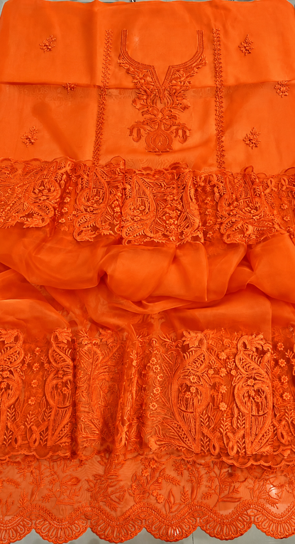 Atharva Heritage Pure Silk Organza Burnt Orange French Thread Monochrome Embroidered unstitched Front and Back  Pakistani Suit SLP001