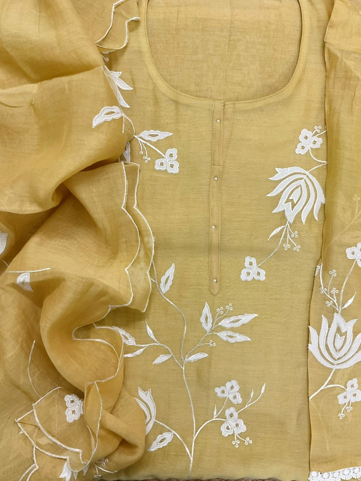 Atharva Heritage/Pure Mul Chanderi Shirt & Dupatta/ Hand Applique /Cotton Silk  Bottom/CUT80373 Yellow
