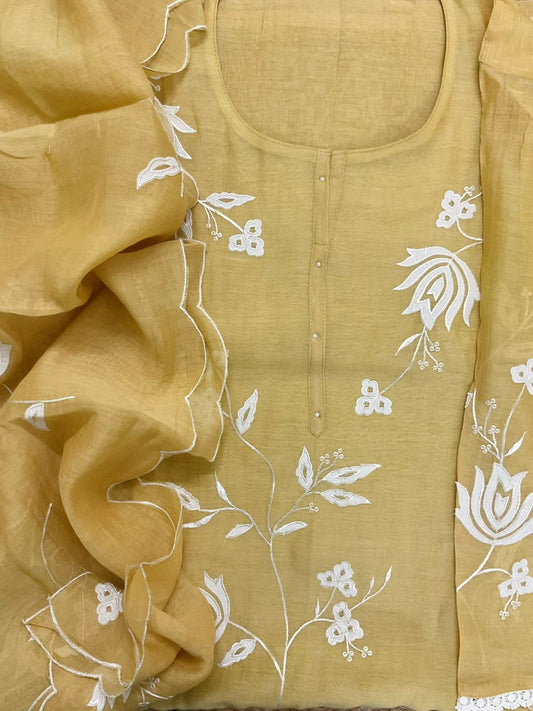 Atharva Heritage/Pure Mul Chanderi Shirt & Dupatta/ Hand Applique /Cotton Silk  Bottom/CUT80373 Yellow