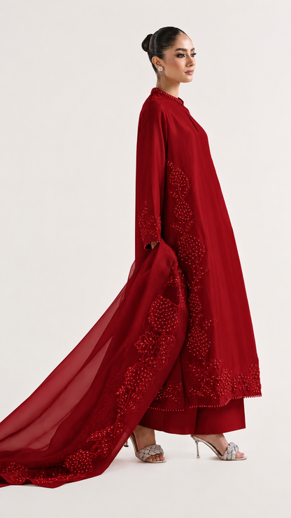 Atharva Heritage Sheer Luxury Pure Silk Ready to Wear Pakistani Suit SLP0012 Deep Red
