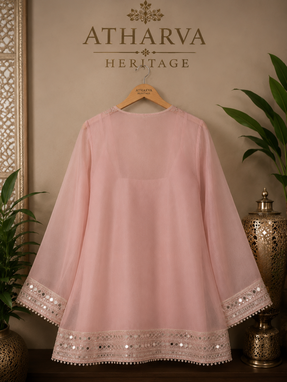 Atharva Heritage Luxury Pure Silk Organza Mirror Work Co-Ord Set | Hand Embroidered Yoke & Bell Sleeves | Premium Palazzo | Atharva Heritage AH1813CS132