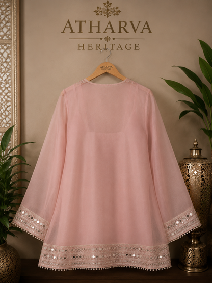 Atharva Heritage Luxury Pure Silk Organza Mirror Work Co-Ord Set | Hand Embroidered Yoke & Bell Sleeves | Premium Palazzo | Atharva Heritage AH1813CS132