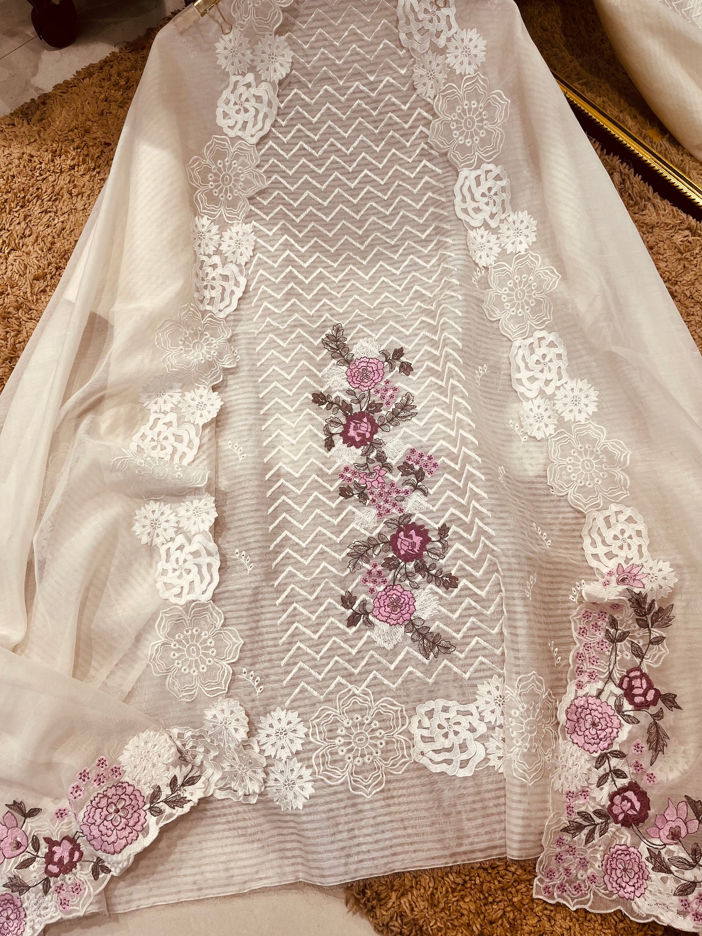 ATHARVA HERITAGE PURE MUL CHANDERI PARSI GARA SUIT MCH0085 IVORY
