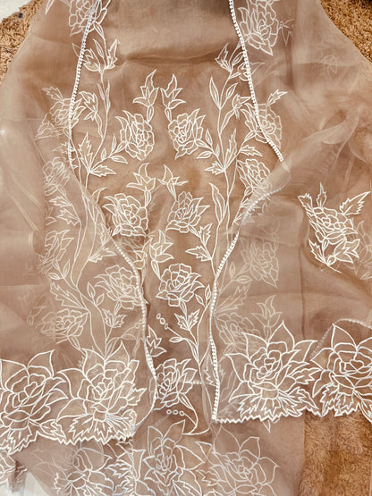 Atharva Heritage SHEER LUXURY PURE SILK ORGANZA APPLIQUE Unstitched SUIT SHEER001(Brown)