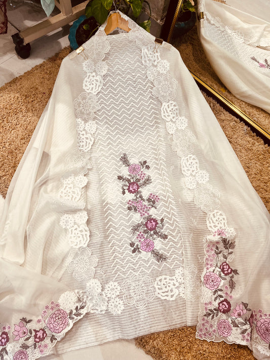 ATHARVA HERITAGE PURE MUL CHANDERI PARSI GARA SUIT MCH0085 IVORY