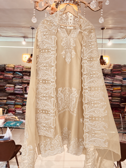 Atharva Heritage Pure Silk Organza French Thread Monochrome Embroidered unstitched Pakistani Suit SLP001