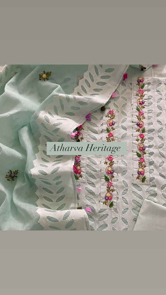 ATHARVA Hand Embroidery Salwar Kameez/Chanderi French knot Hand Embroidery on Cut-Work Shirt & Dupatta/Santoon Bottom/Custom Stitch Unstitch/Plazo/Pant/APPF8027