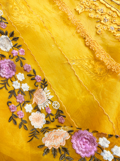 SHEER LUXURY PURE SILK ORGANZA  Suit Hand Zardozi Embroidery /PARSI Dupatta  SHEER0067 Yellow