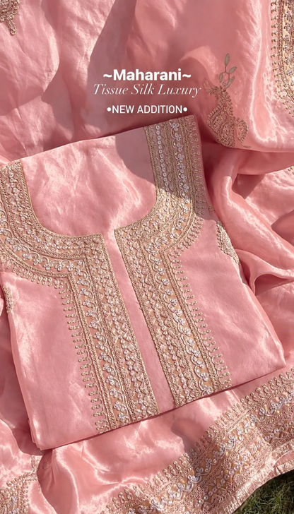 Atharva Heritage MAHARANI LUXURY Hand Woven TISSUE SILK 80 Grams SUIT with Rose Gold Dori Embroidery AHMTC002 Powder Pink