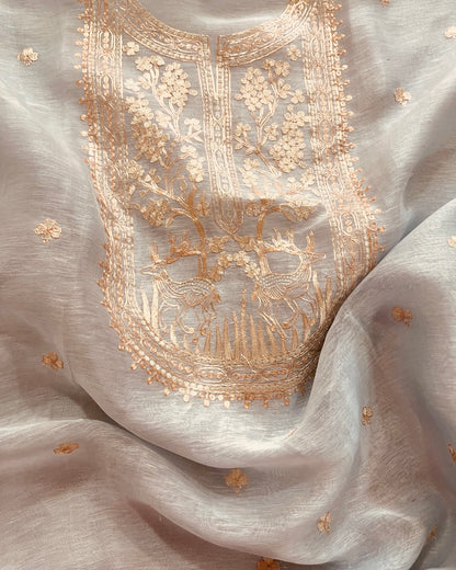 MAHARANI LUXURY CHANDERI SILK 70 GRAMS KURTA /PURE SILK ORGANZA DUPATTA  PITA EMBROIDERY SUIT MCCH0017 Ivory