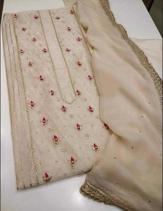 ATHARVA Hand Embroidery Salwar Kameez Beige/Chiffon Dupatta With Stone & Trim/Custom Stitch Unstitch/Gift/Patiala/Anarkali/Churridar/CH1731