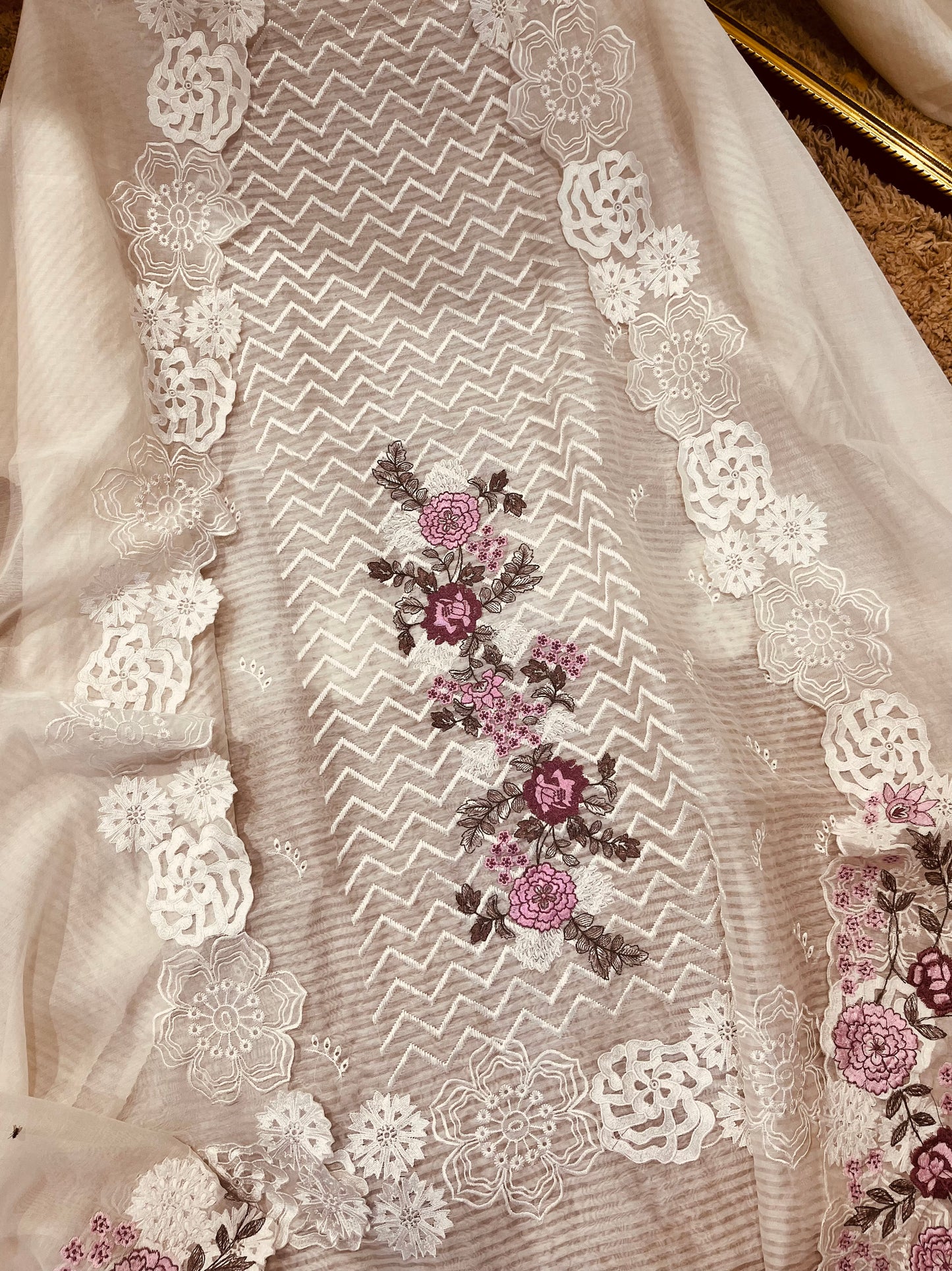 ATHARVA HERITAGE PURE MUL CHANDERI PARSI GARA SUIT MCH0085 IVORY