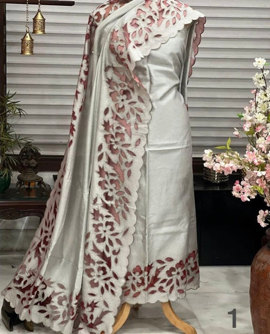 ATHARVA HERITAGE Hand CUTWORK Embroidery Salwar Kameez/Pure Mul Chanderi Cut-Work Shirt & Dupatta/Santoon Bottom/Custom Stitch Unstitch/Plazo/Pant/CUT80364 Ivory and Chocolate