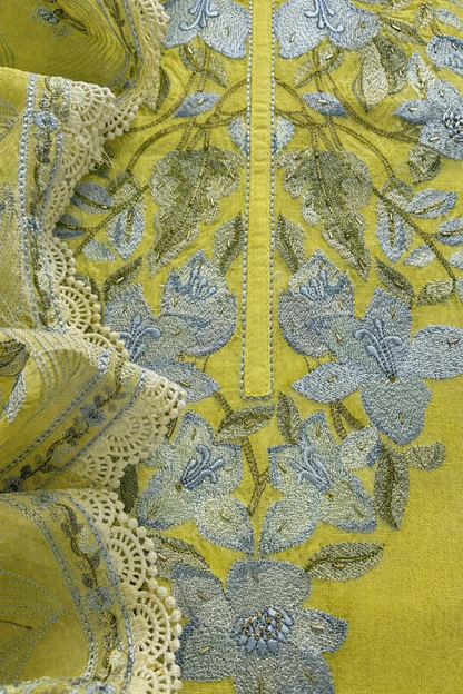 Atharva Atharva Heritage Water Thread Embroidered Pure Mul Chanderi Hand woven  edits MC70011 Greenish Yellow