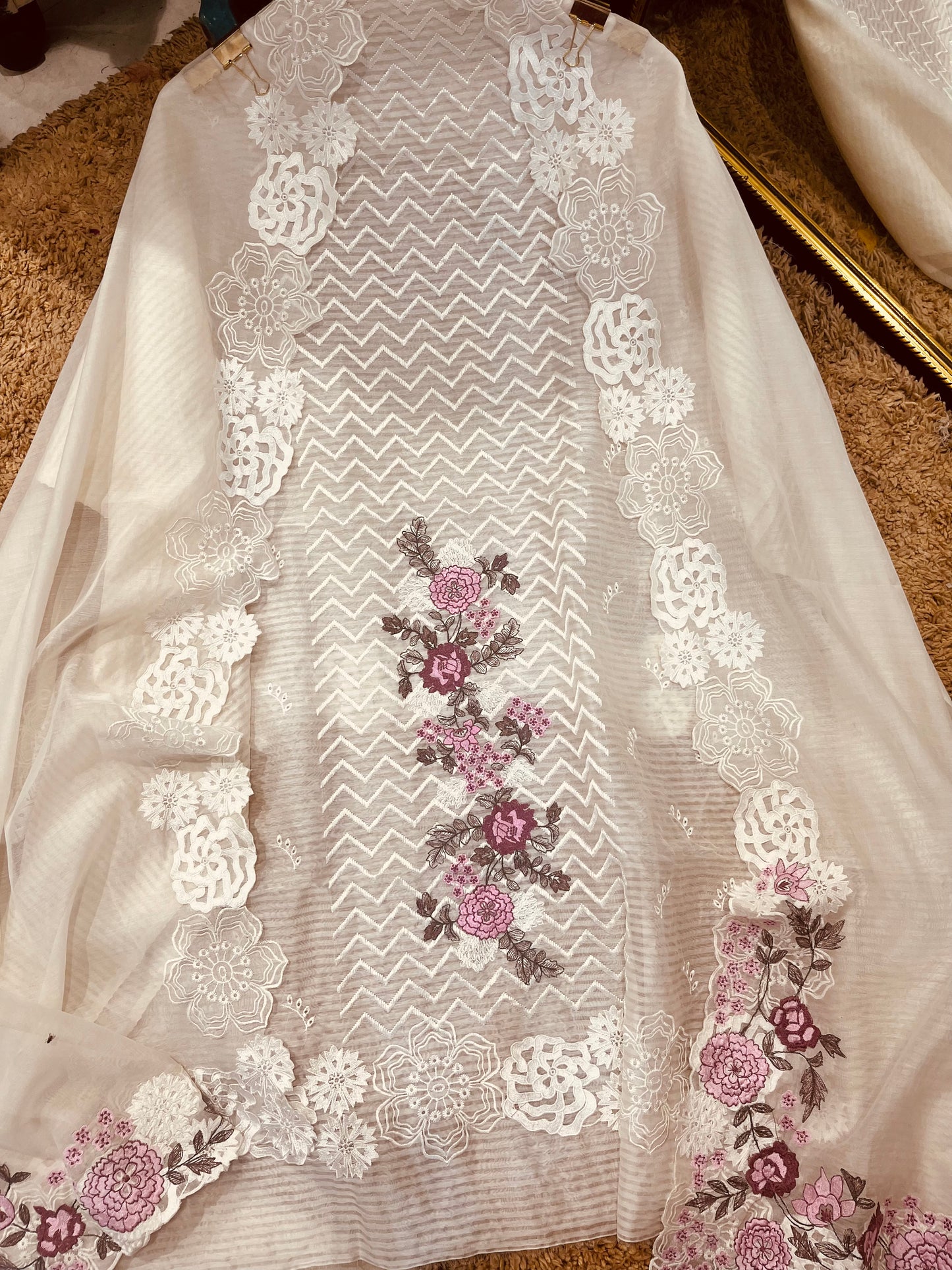ATHARVA HERITAGE PURE MUL CHANDERI PARSI GARA SUIT MCH0085 IVORY