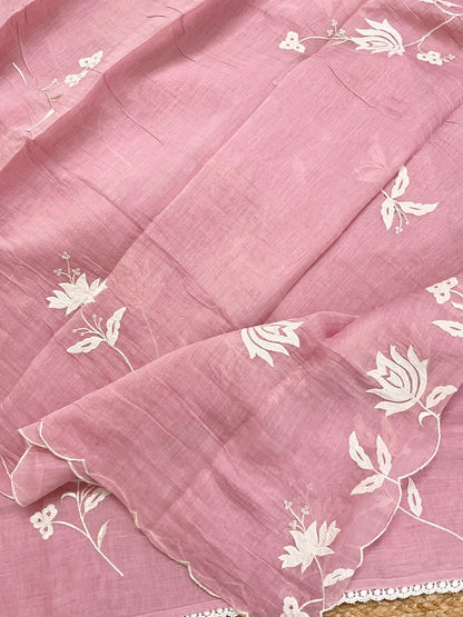 Atharva Heritage/Pure Mul Chanderi Shirt & Dupatta/ Hand Applique /Cotton Silk  Bottom/CUT80372 Dusty Pink