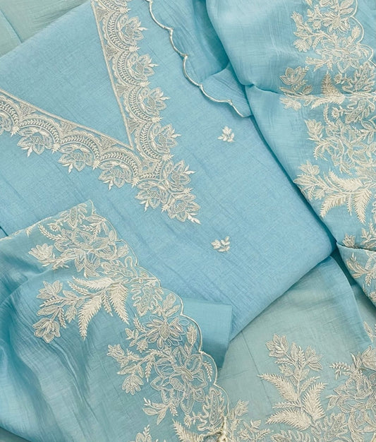 PURE MUL CHANDERI  kurta AND Dupatta Thread Embroidered UNSTITCHED SUIT CH54240B Blue