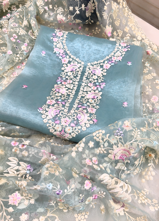 Atharva Heritage Sheer Luxury /Pure Silk Organza PARSI GARA Front and back SUIT Powder Blue SLO651