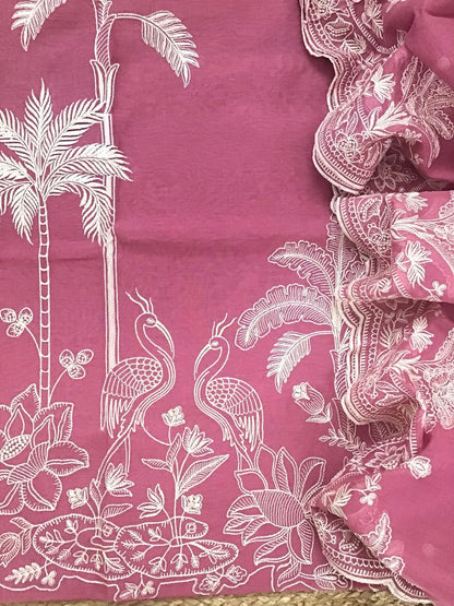 PURE MUL CHANDERI  kurta AND Dupatta PARSI GARA UNSTITCHED SUIT CH54237 Pink