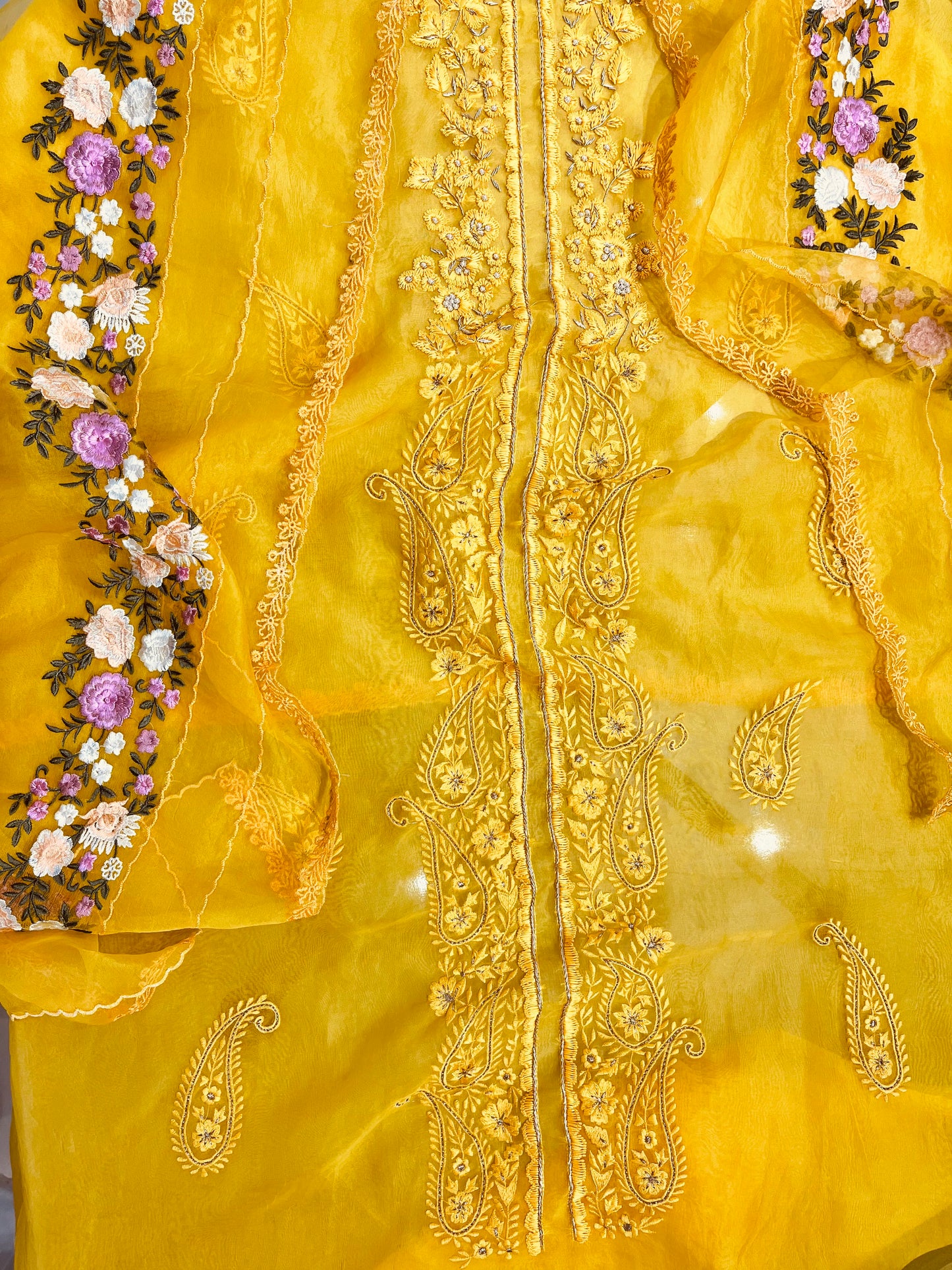 SHEER LUXURY PURE SILK ORGANZA  Suit Hand Zardozi Embroidery /PARSI Dupatta  SHEER0067 Yellow