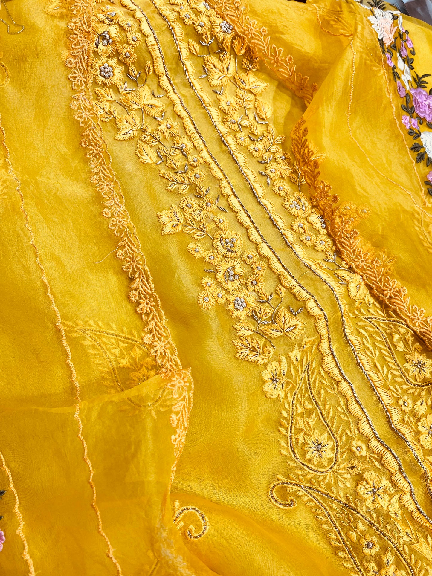 SHEER LUXURY PURE SILK ORGANZA  Suit Hand Zardozi Embroidery /PARSI Dupatta  SHEER0067 Yellow
