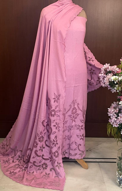 ATHARVA Hand Cutwork Salwar Kameez/PURE Mulmul  Cut-Work/Applique Shirt & BOTTOM/PURE Mulmul  DUPATTA/Custom Stitch Unstitch/Plazo/Pant/ CUT8052 Dusty Pink