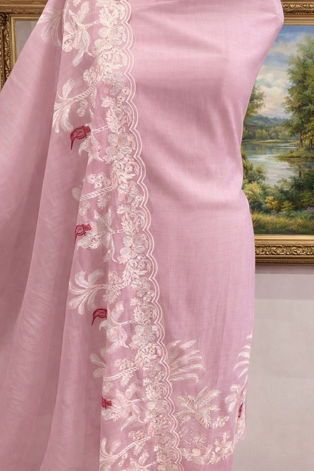 ATHARVA HERITAGE PURE CHANDERI  SILK 70 GRAMS PAKISTANI SUIT FRENCH THREAD EMBROIDERED CHO0078 Powder Pink