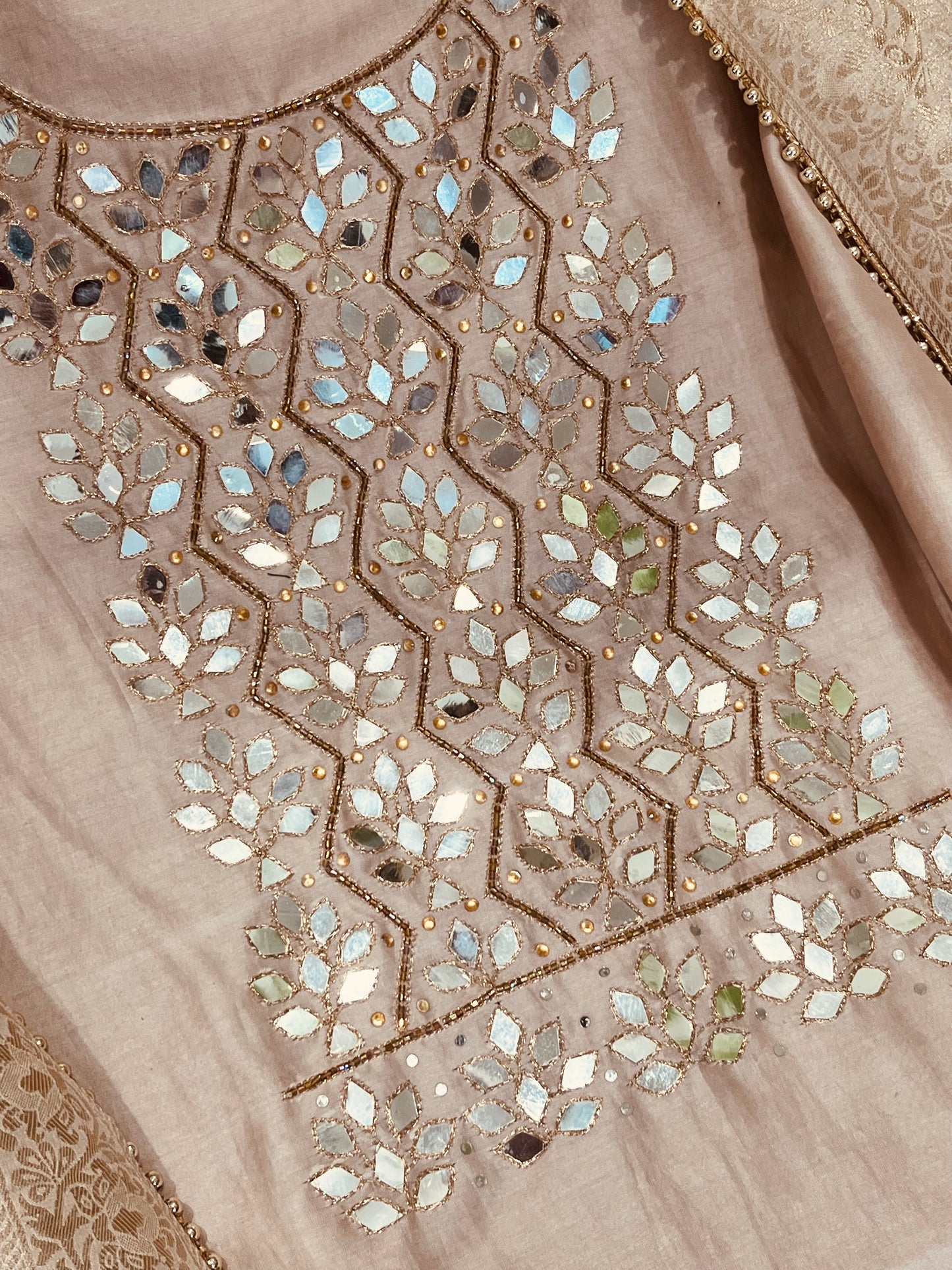 ATHARVA  Hand Embroidered Salwar Kameez w/ Embroidered Neck Beige/Banarsi Silk Dupatta/Bridal/Wedding/Custom Stitch/ CH1295