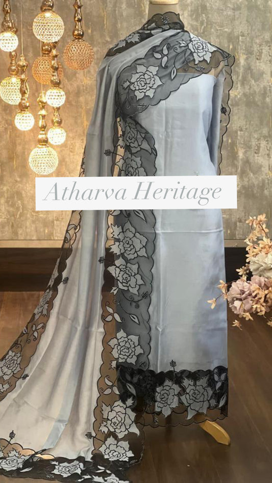 ATHARVA Applique Embroidery Salwar Kameez/Chanderi Cut-Work Shirt & Dupatta/Santoon Bottom/Custom Stitch Unstitch/Plazo/Pant/CUT8112