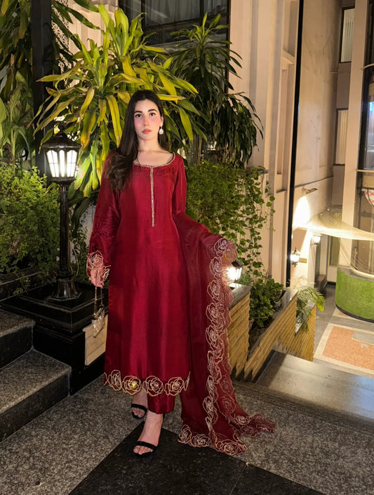 Atharva Luxe – Pure Silk Luxury Kurta Set with Handcrafted Ghera Sleeves & Organza Dupatta PSH0068-MR