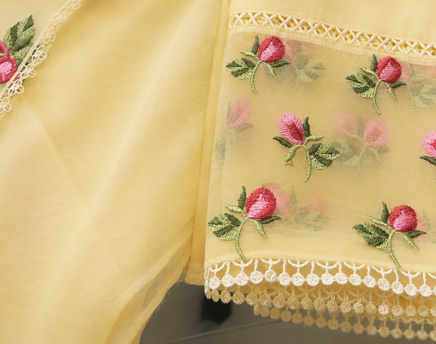 Atharva Heritage Butter Yelllow Hand-Embroidered Pure Chanderi Silk Pakistani Suit with Organza Dupatta & Cross-Stitch Detailing CHO0010