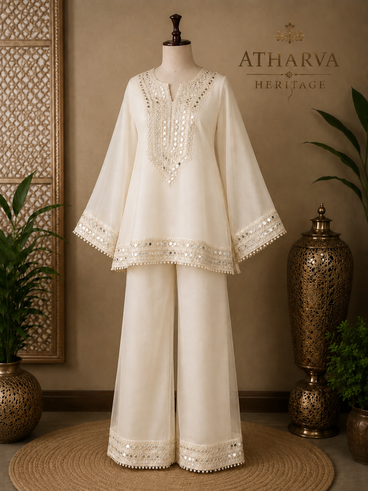 Atharva Heritage Luxury Pure Silk Organza Mirror Work Co-Ord Set | Hand Embroidered Yoke & Bell Sleeves | Premium Palazzo | Atharva Heritage AH1813CS132