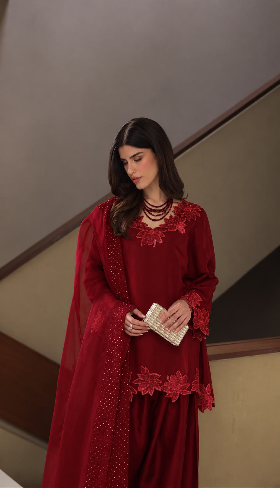 Atharva Heritage – Hand-Embroidered Pure Silk Farshi Salwar 3 Pc Pakistani Coord set  with Pearl & Katdana Detailing AHSS1561