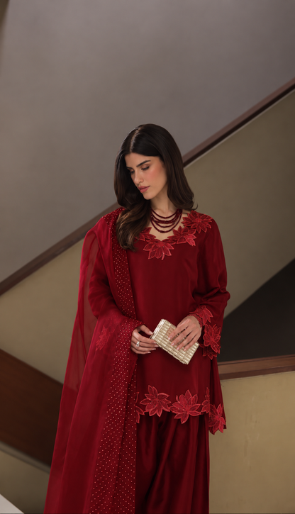Atharva Heritage – Hand-Embroidered Pure Silk Farshi Salwar 3 Pc Pakistani Coord set  with Pearl & Katdana Detailing AHSS1561