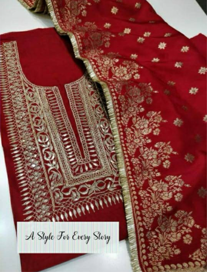 ATHARVA  Hand Embroidered Salwar Kameez w/ Embroidered Neck Reds/Banarsi Silk Dupatta/Bridal/Wedding/Custom Stitch/ CH1278